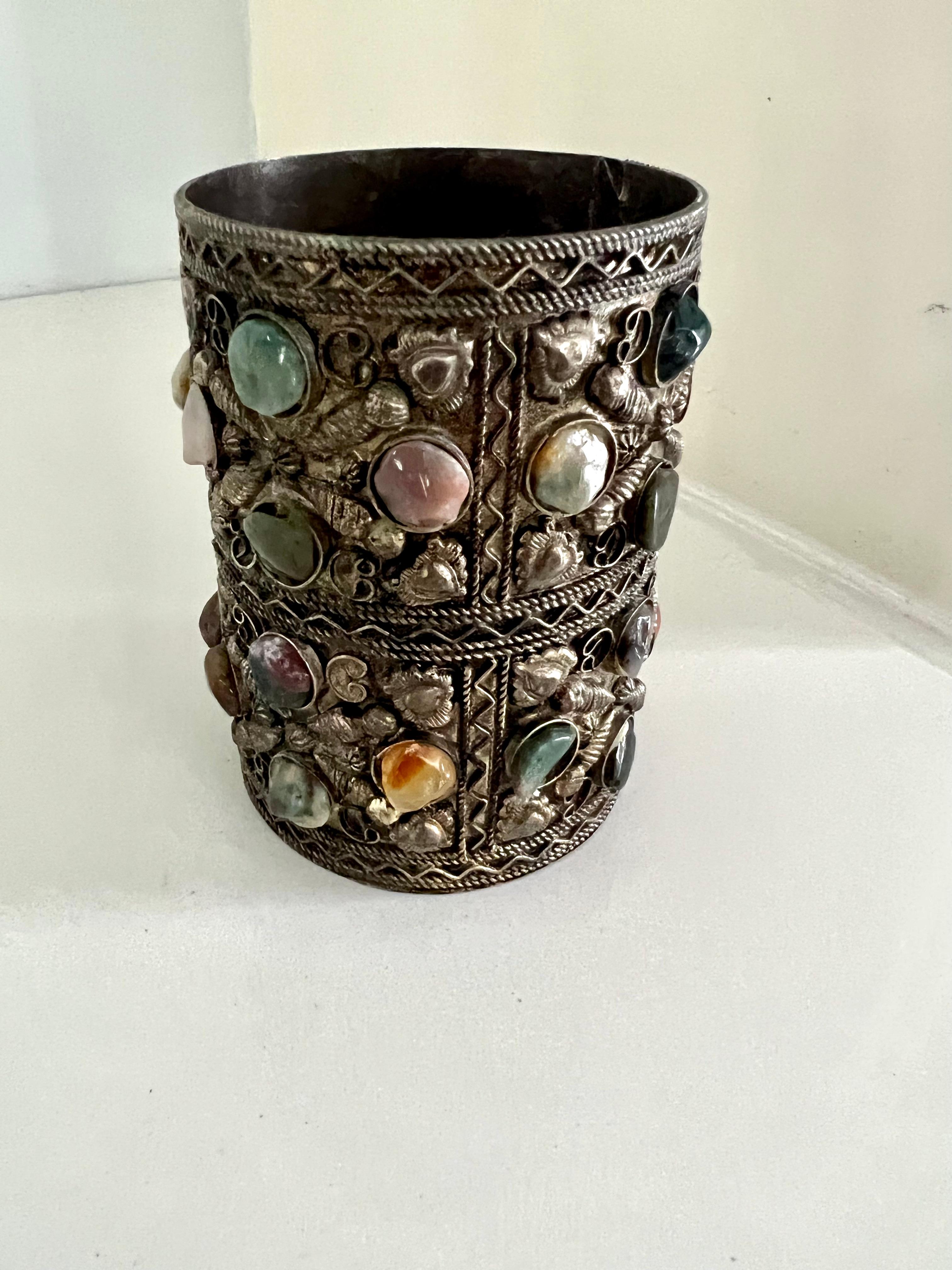 Patinated Filagree Desk Cup with Semi Precious Stones