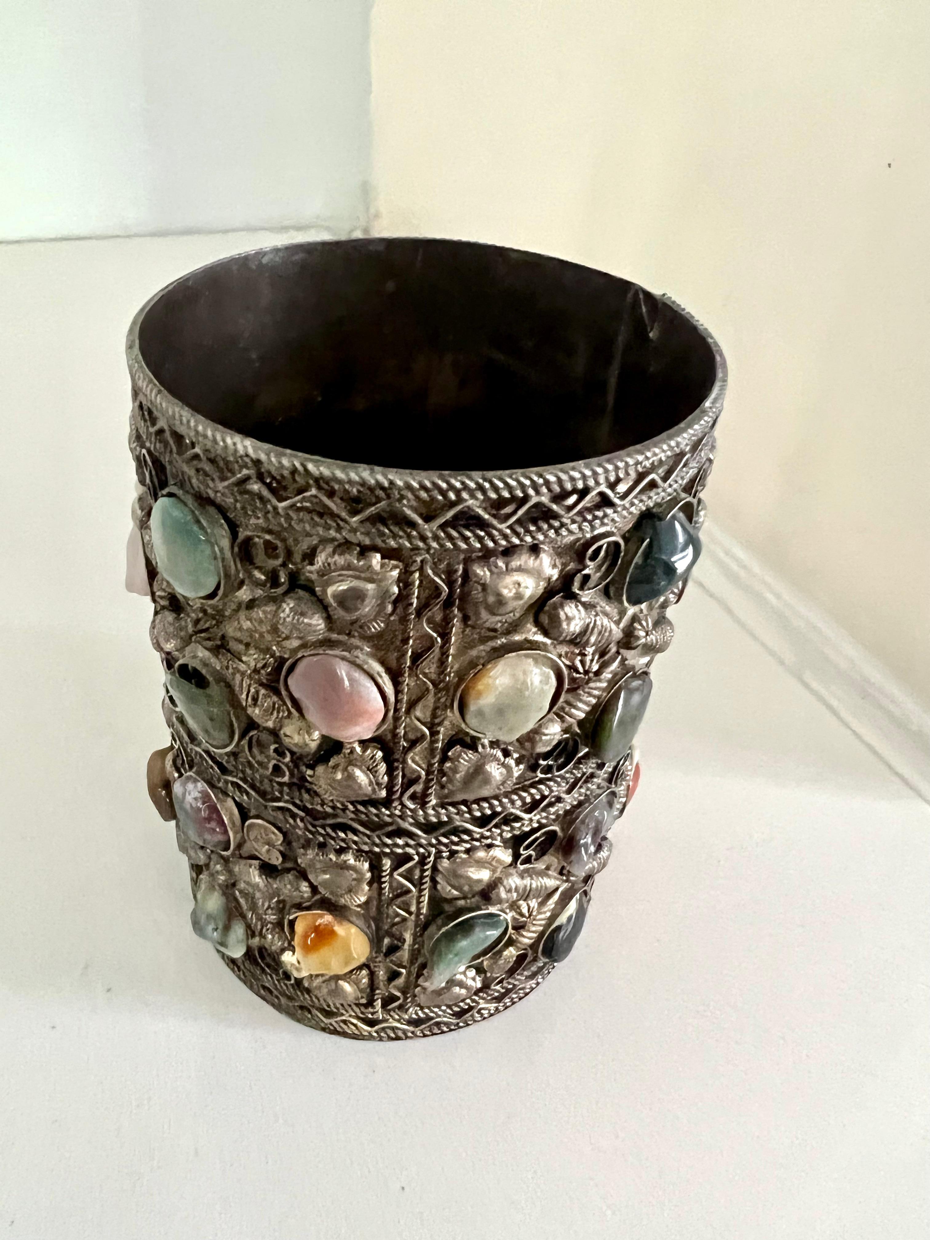 20th Century Filagree Desk Cup with Semi Precious Stones