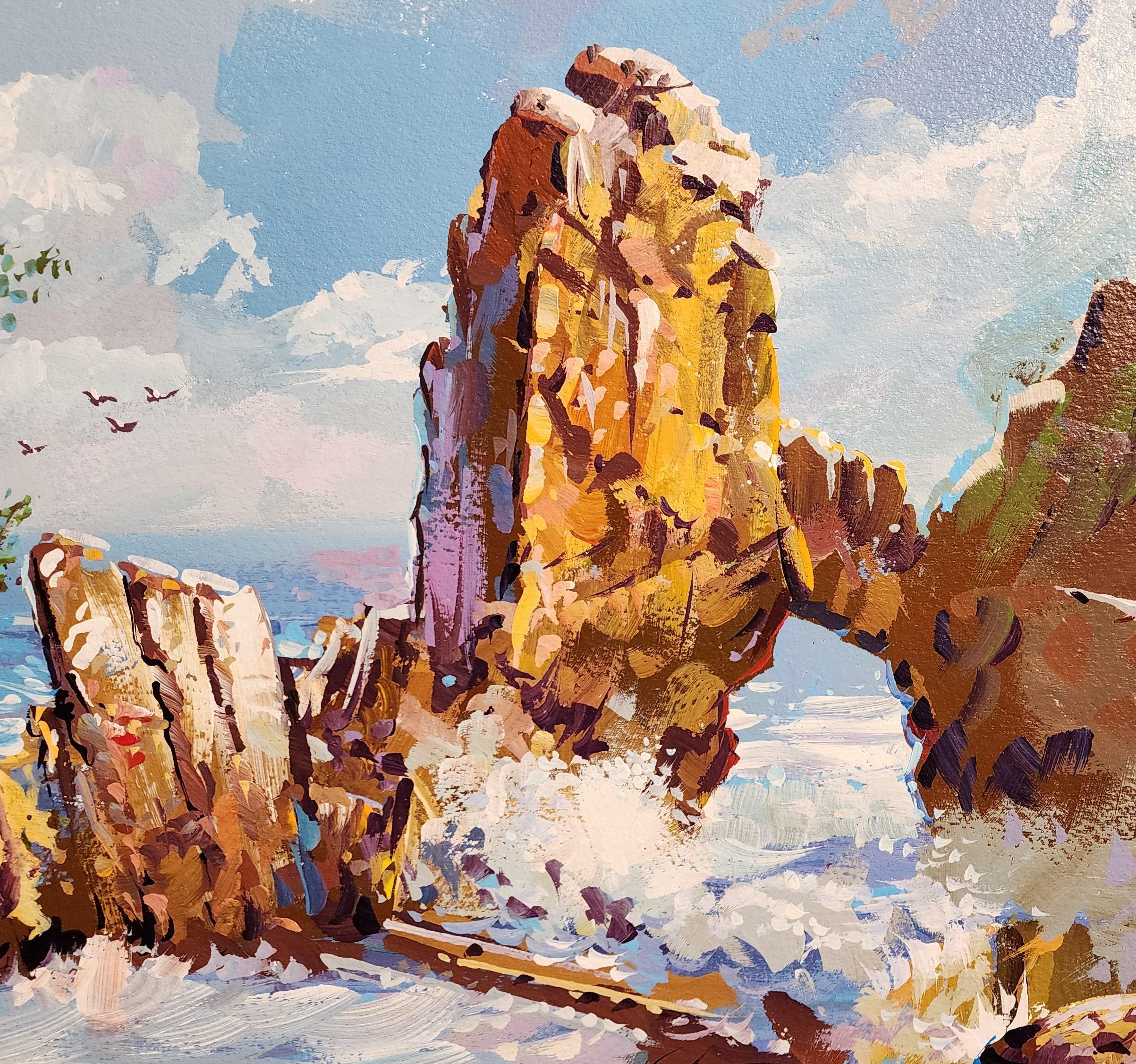 Arch Rock, Pacific Grove, Californie, peinture vintage des années 1970, paysage côtier - Marron Landscape Painting par Filastro Mottola