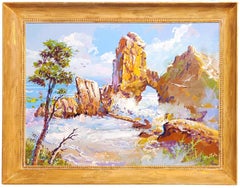 Arch Rock, Pacific Grove, California, Pintura vintage de los años 70, Paisaje costero