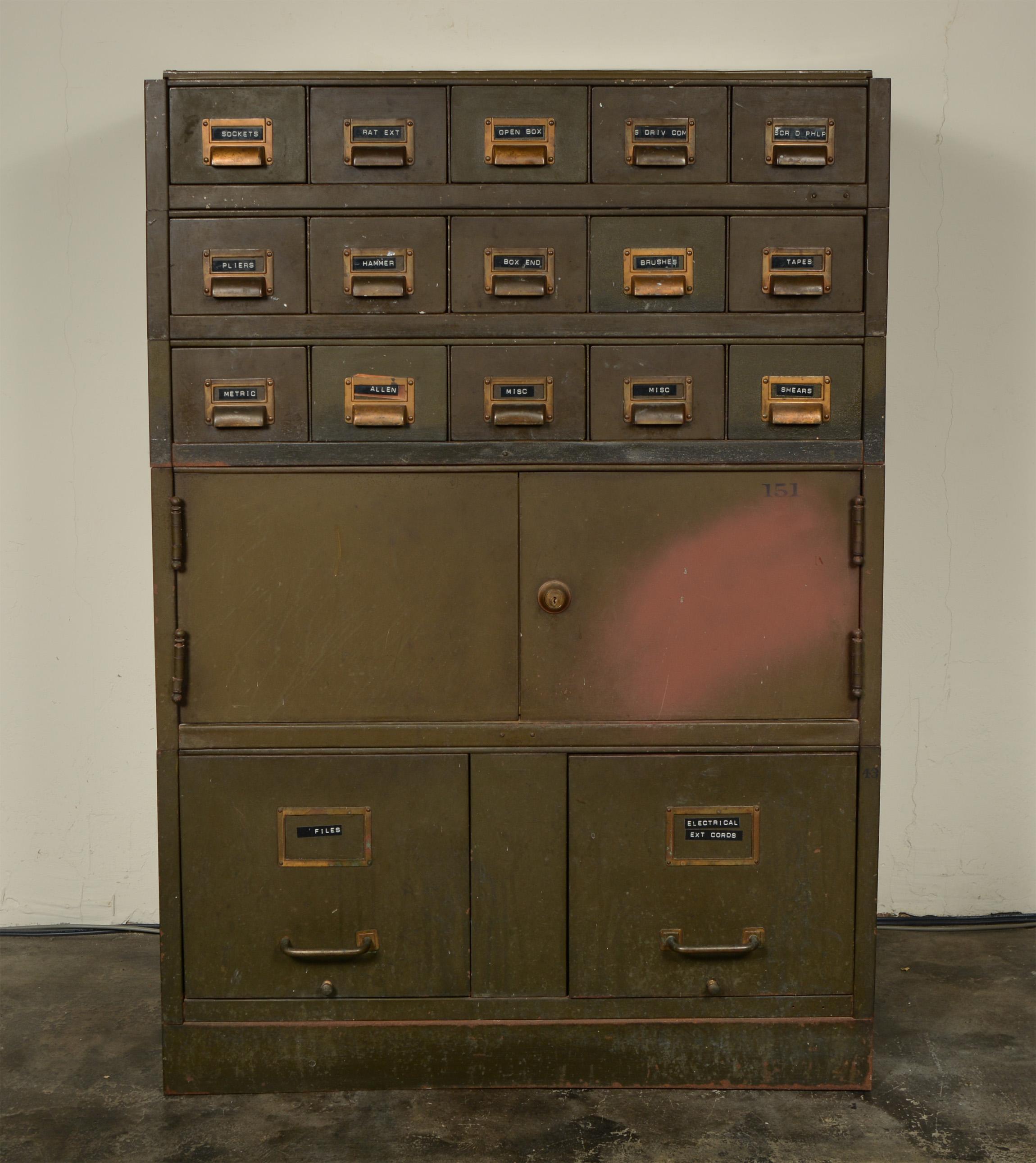 Art Metal Company stacking file and card cabinet. This has three separate five drawer card files, one storage cabinet with locking doors and one two drawer file cabinet. The locking cabinet has the key. The hardware is brass. This unit can be