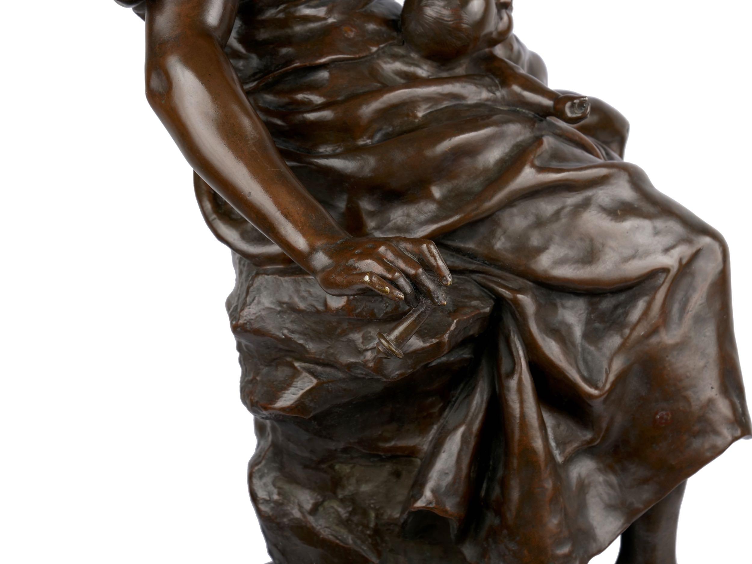 “Fileuse et Enfant” Torchiere Lamp Antique Bronze Sculpture by Emile Peynot 10
