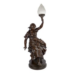 “Fileuse et Enfant” Torchiere Lamp Antique Bronze Sculpture by Emile Peynot