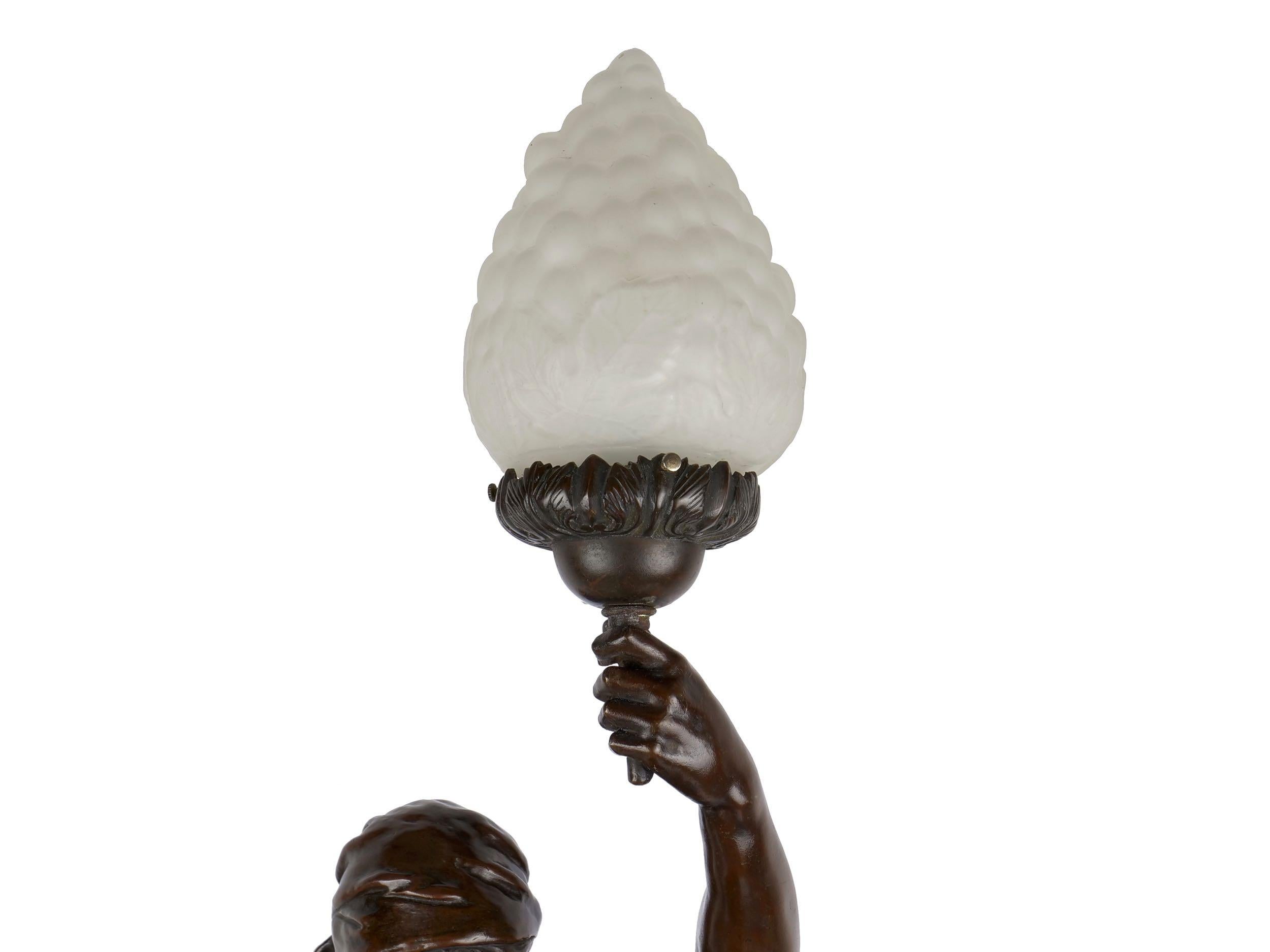 Italian “Fileuse et Enfant” Torchiere Lamp Antique Bronze Sculpture by Emile Peynot