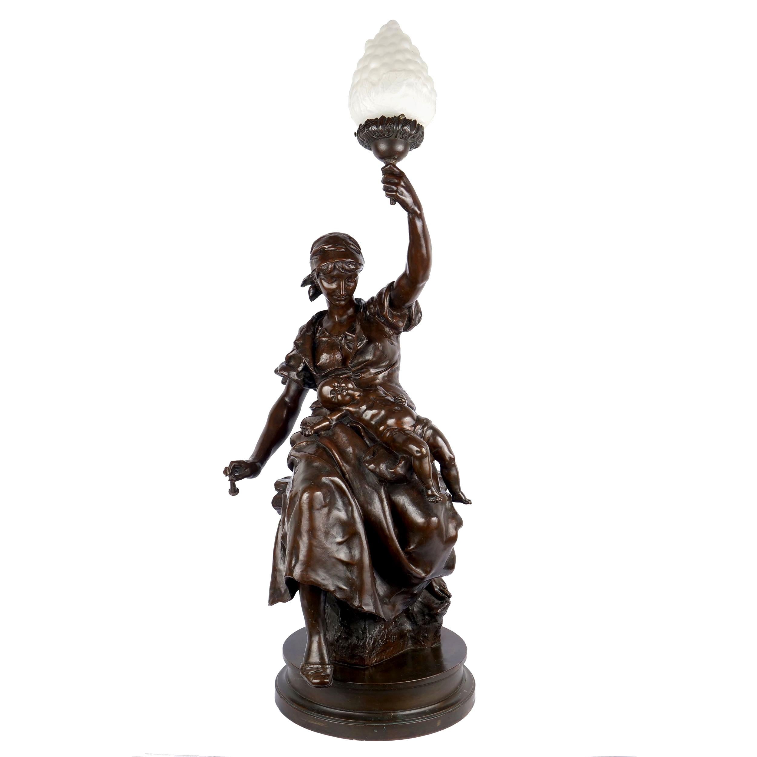 “Fileuse et Enfant” Torchiere Lamp Antique Bronze Sculpture by Emile Peynot