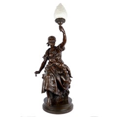 “Fileuse et Enfant” Torchiere Lamp Antique Bronze Sculpture by Emile Peynot