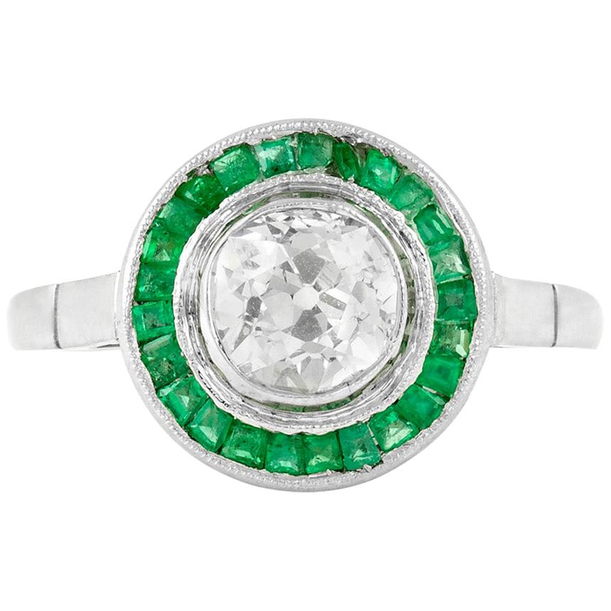 Filig Round Diamond with Emerald on Platinum Engagement Ring For Sale