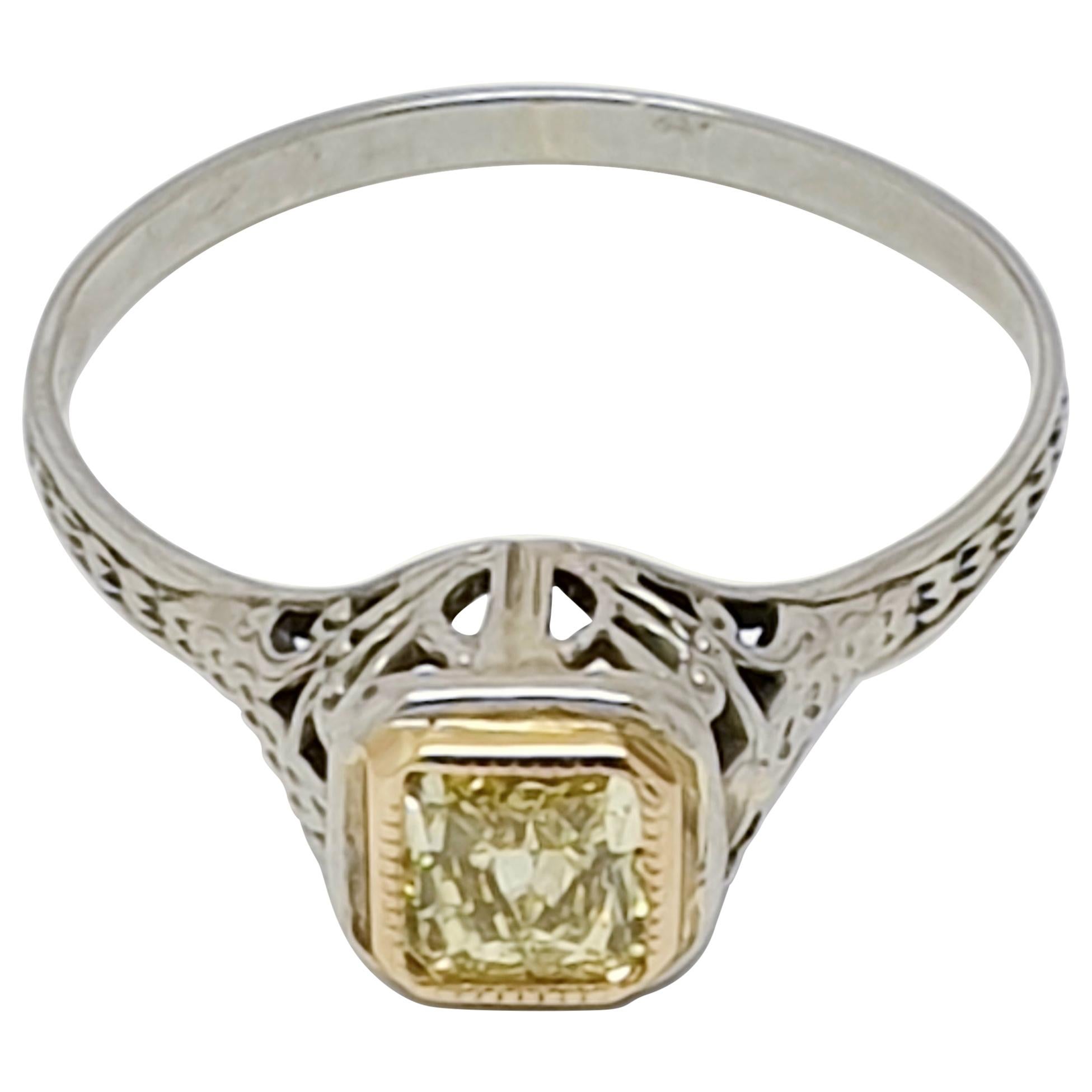 Filigree 0.30 Carat Princess Cut Yellow Diamond Ring 14 Karat Gold For Sale