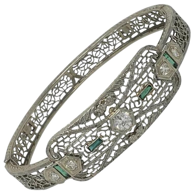 Filigree 14-Karat White Gold and Diamond Art Deco Bracelet
