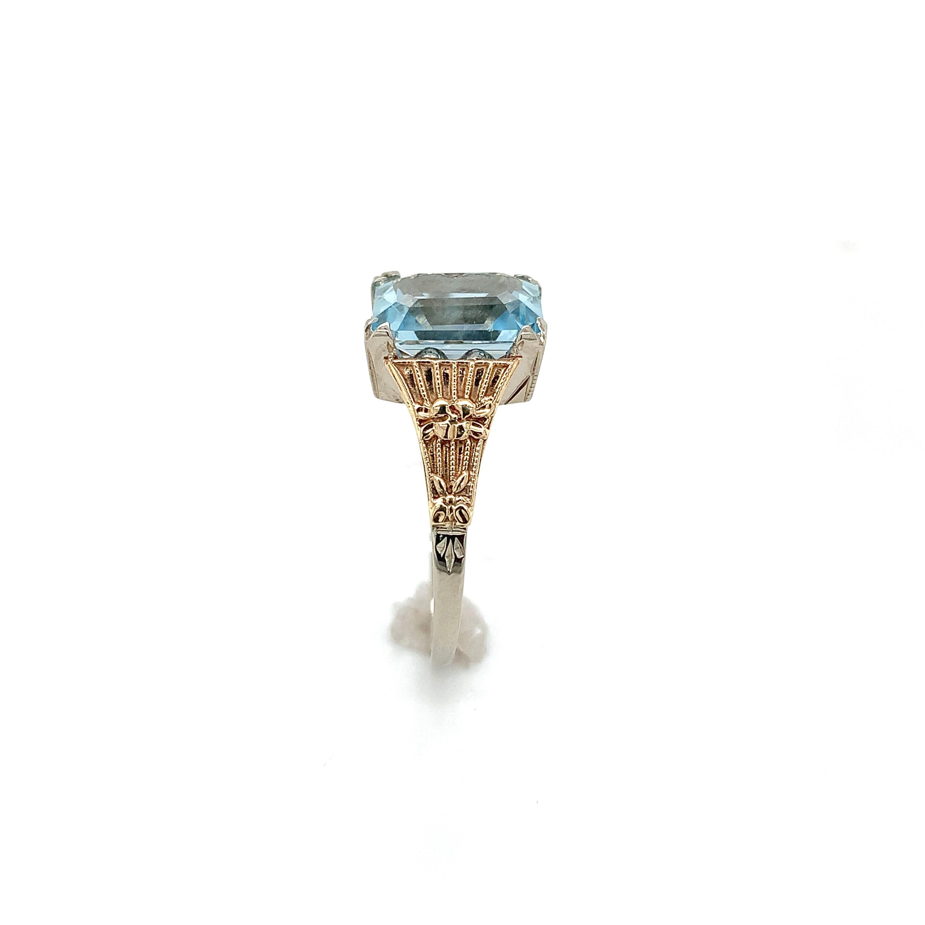 Emerald Cut Filigree 14K Gold 3.25 carat Aquamarine Ring For Sale