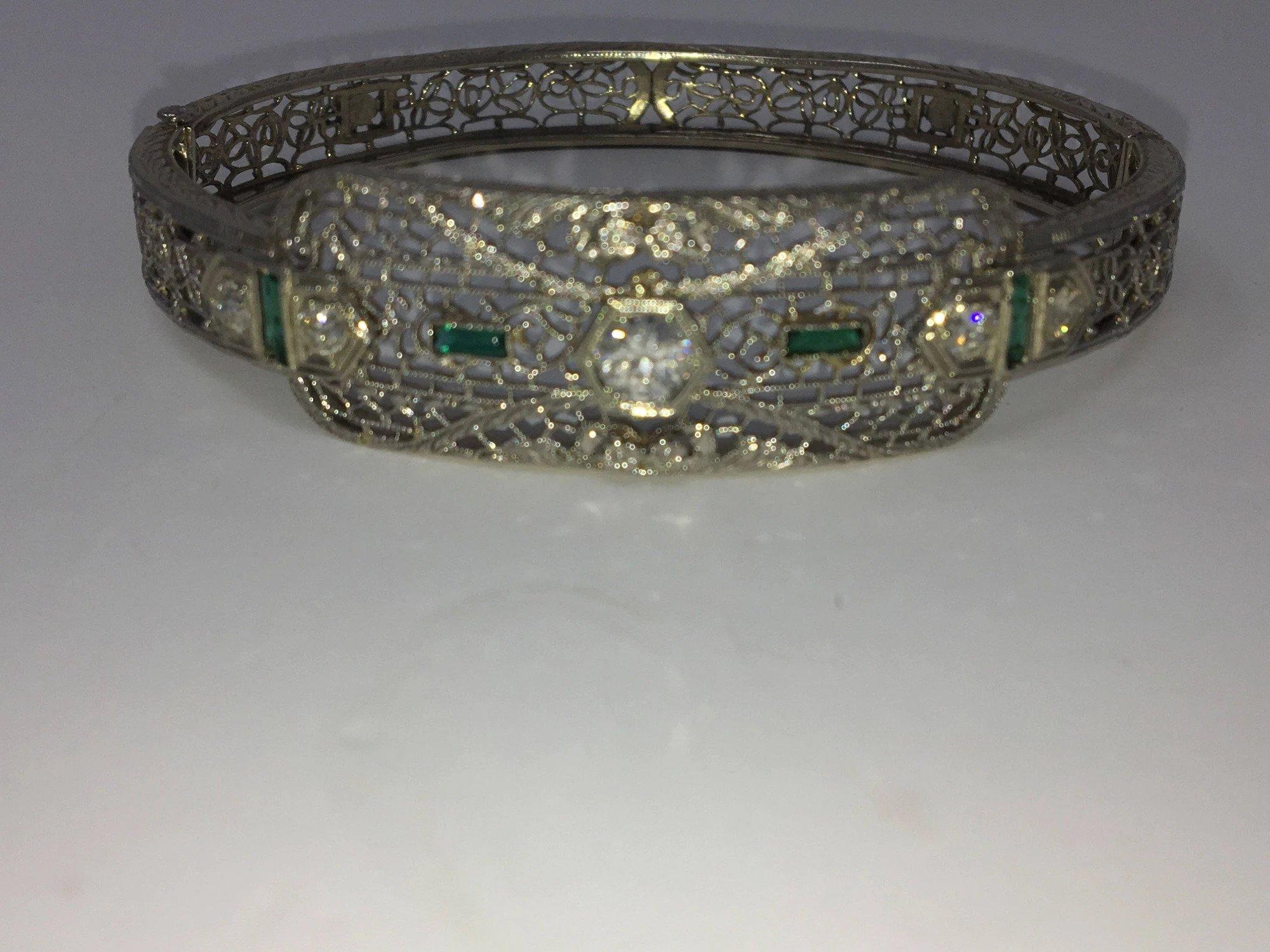 Filigree 14-Karat White Gold and Diamond Art Deco Bracelet 1