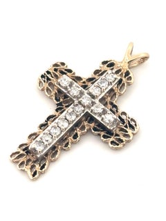 Filigree 14K Yellow Gold Vintage 0.28ctw H-I SI2 Round Diamond Cross Pendant