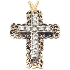 Filigree 14K Yellow Gold Vintage 0.28ctw H-I SI2 Round Diamond Cross Pendant