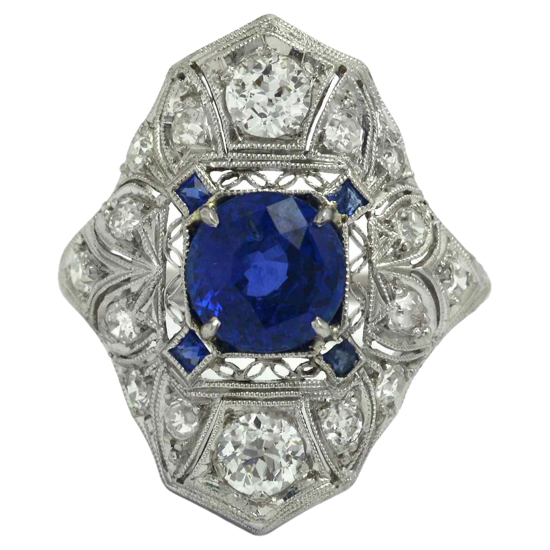 Art Deco Sapphire Diamond Platinum Filigree Ring at 1stDibs