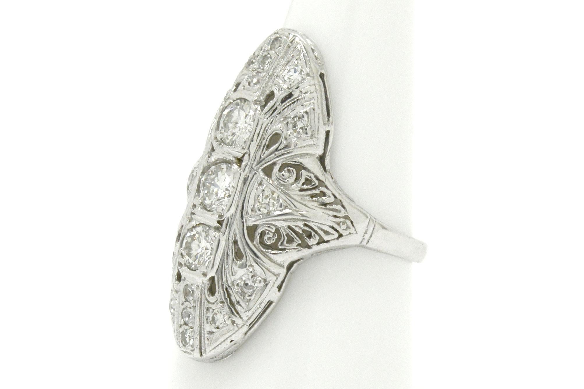 Women's Filigree Art Deco Diamond Ring Dinner Style Openwork 18 Karat White Gold