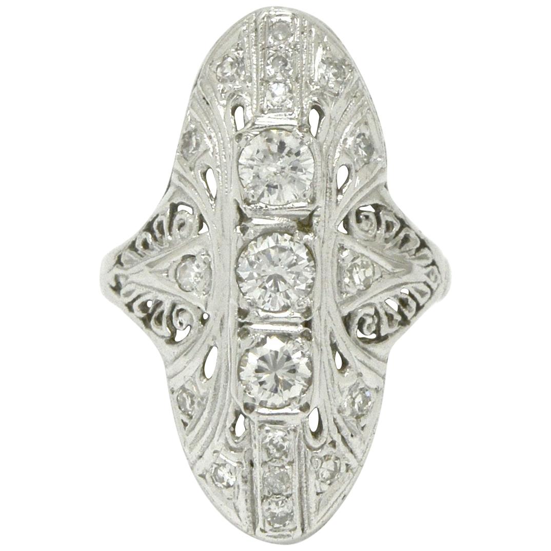Filigree Art Deco Diamond Ring Dinner Style Openwork 18 Karat White Gold