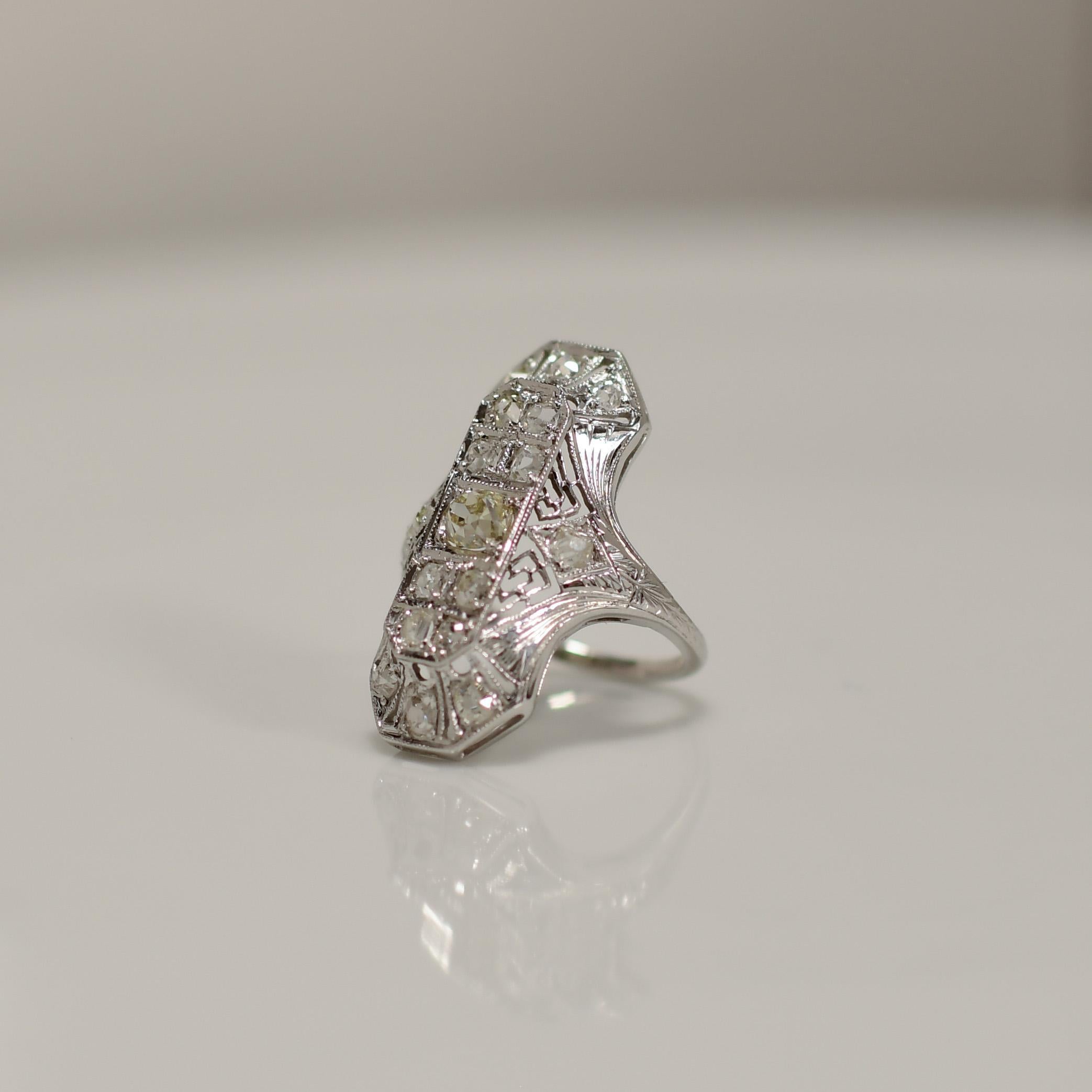 Filigree Art Deco Fancy Light Yellow Diamond 18K White Gold Shield Ring In Good Condition For Sale In Addison, TX