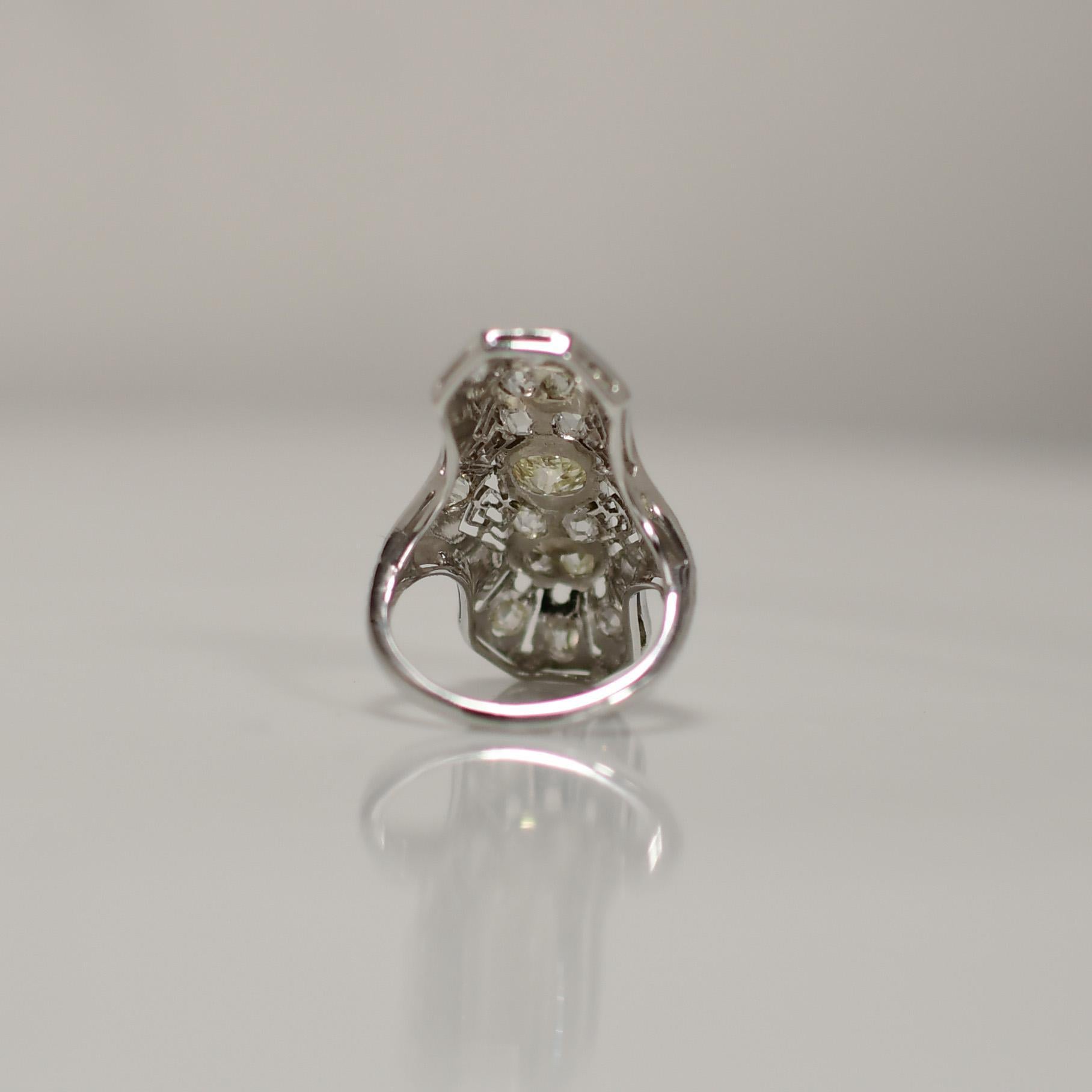 Women's Filigree Art Deco Fancy Light Yellow Diamond 18K White Gold Shield Ring For Sale