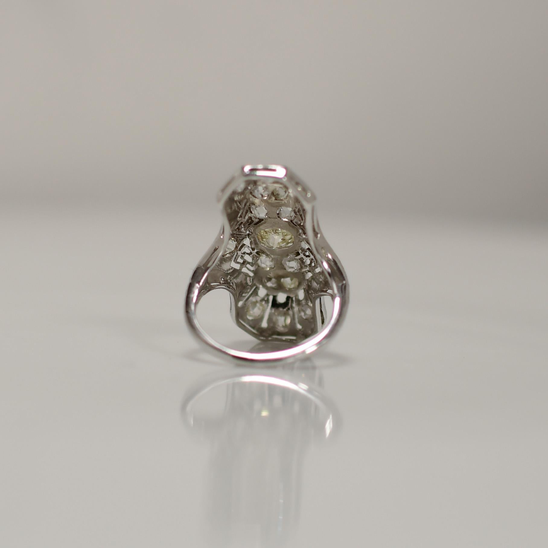 Women's Filigree Art Deco Fancy Light Yellow Diamond 18K White Gold Shield Ring