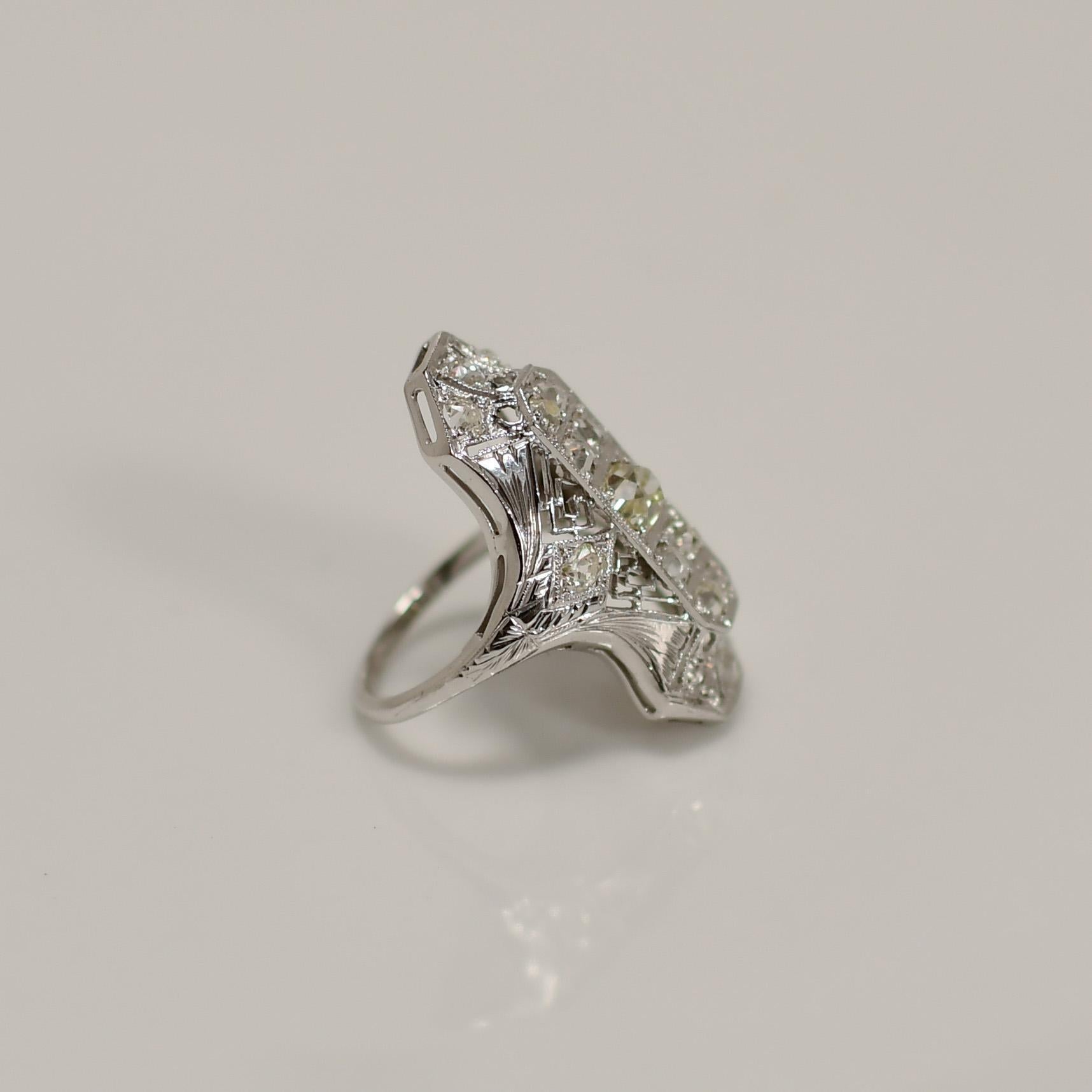 Filigree Art Deco Fancy Light Yellow Diamond 18K White Gold Shield Ring For Sale 1