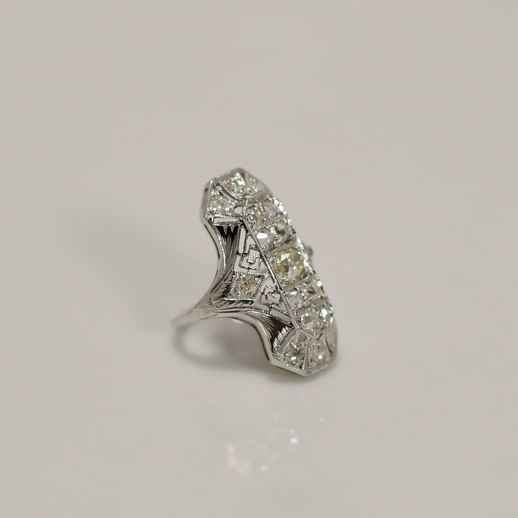 Filigree Art Deco Fancy Light Yellow Diamond 18K White Gold Shield Ring For Sale 2