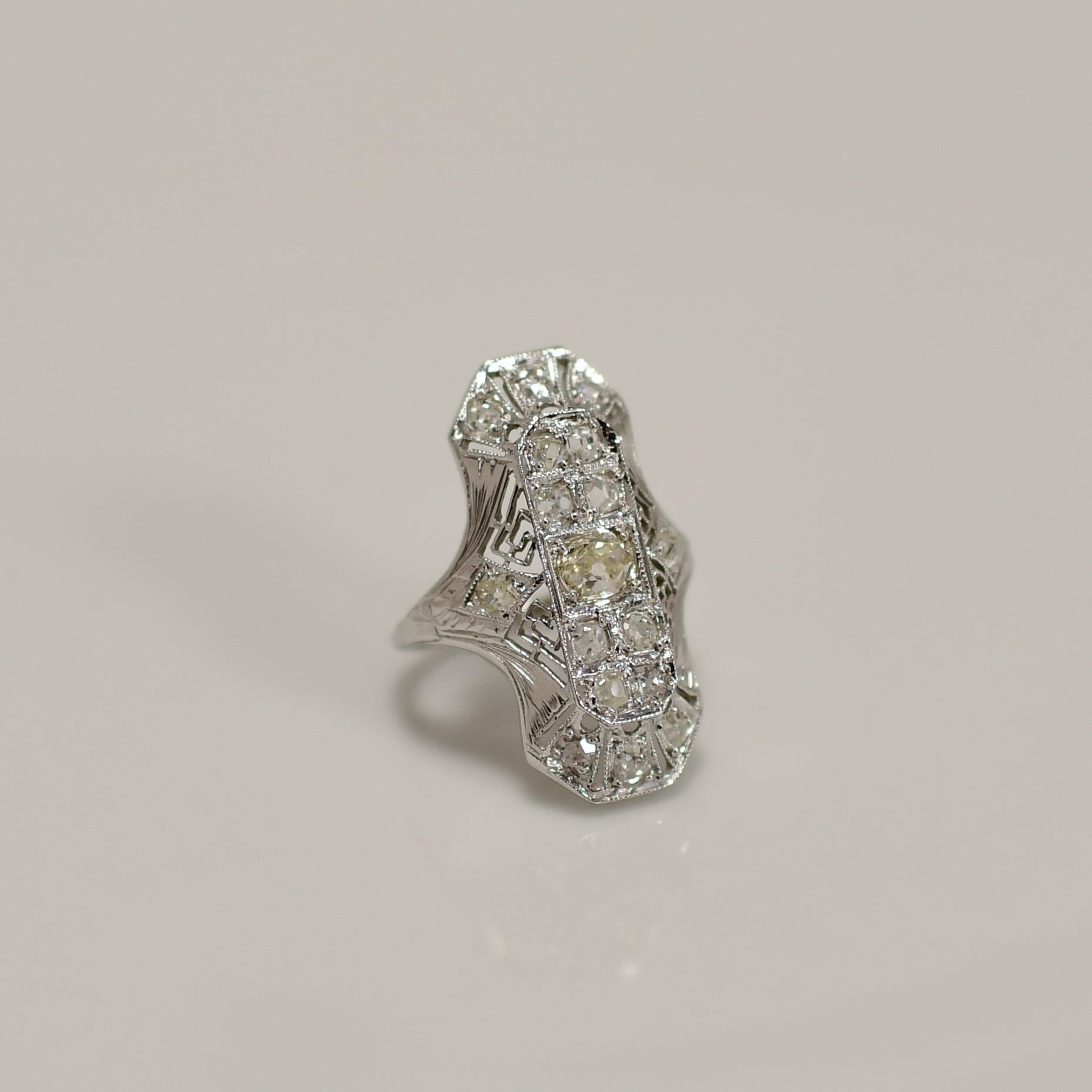 Filigree Art Deco Fancy Light Yellow Diamond 18K White Gold Shield Ring 3