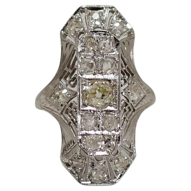 Filigree Art Deco Fancy Light Yellow Diamond 18K White Gold Shield Ring For Sale