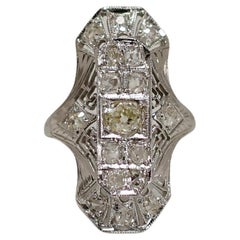 Filigree Art Deco Fancy Light Yellow Diamond 18K White Gold Shield Ring