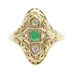 Filigree Art-Deco Inspired Round Cut Colombian Emerald Ring in 14k Yellow Gold