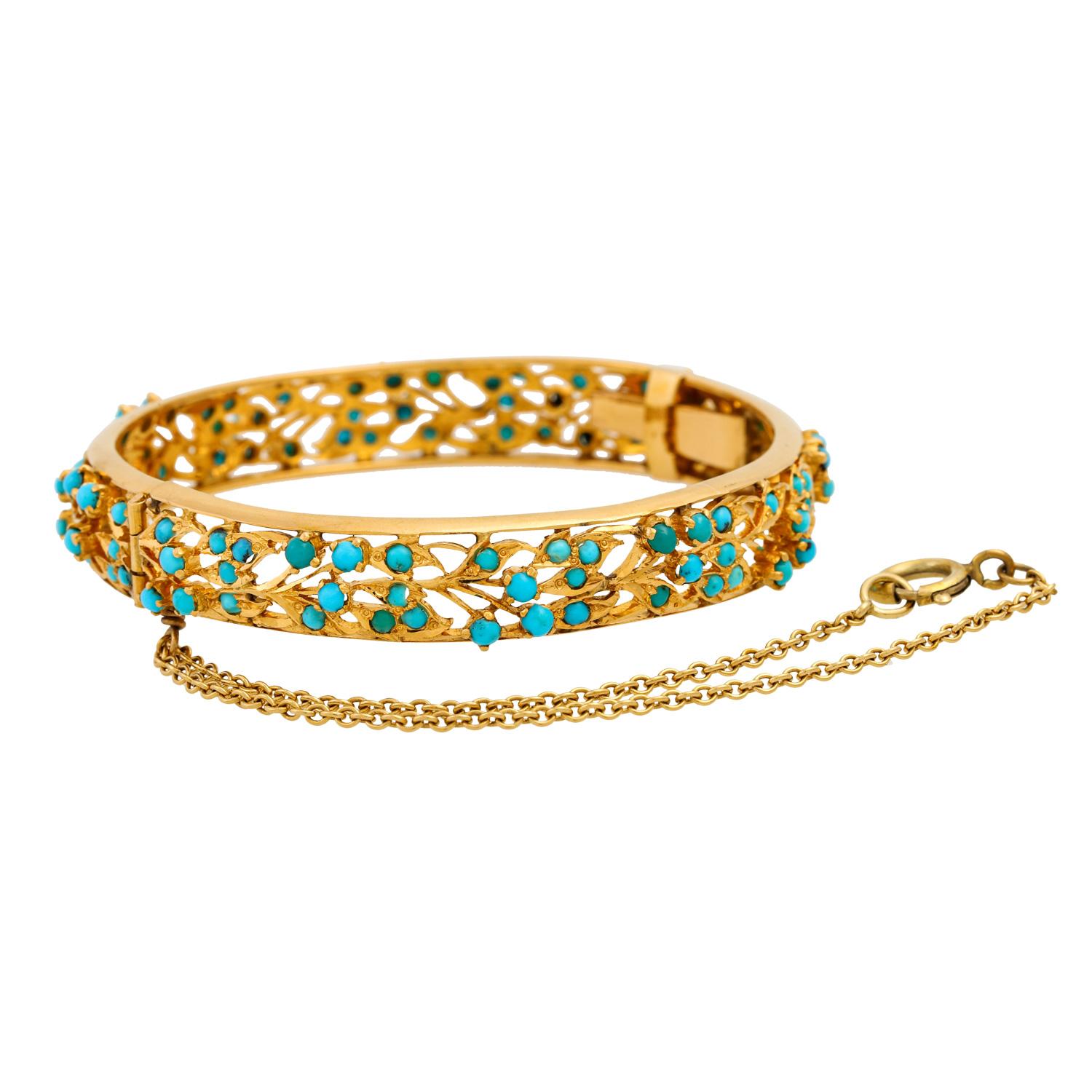 Filigree bracelet with turquoise cabochon, GG 20K, box clasp and safety bracelet, L: approx. 18 cm.