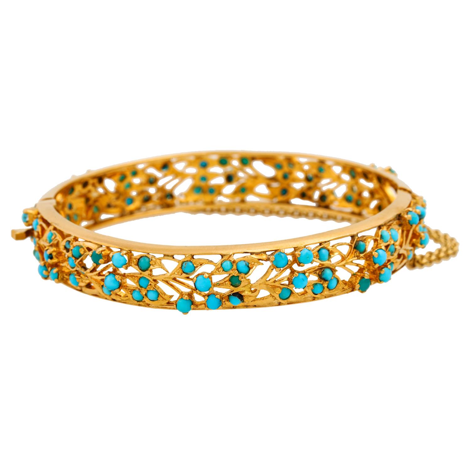 Women's Filigree Bangle with Turquoise Cabochon For Sale