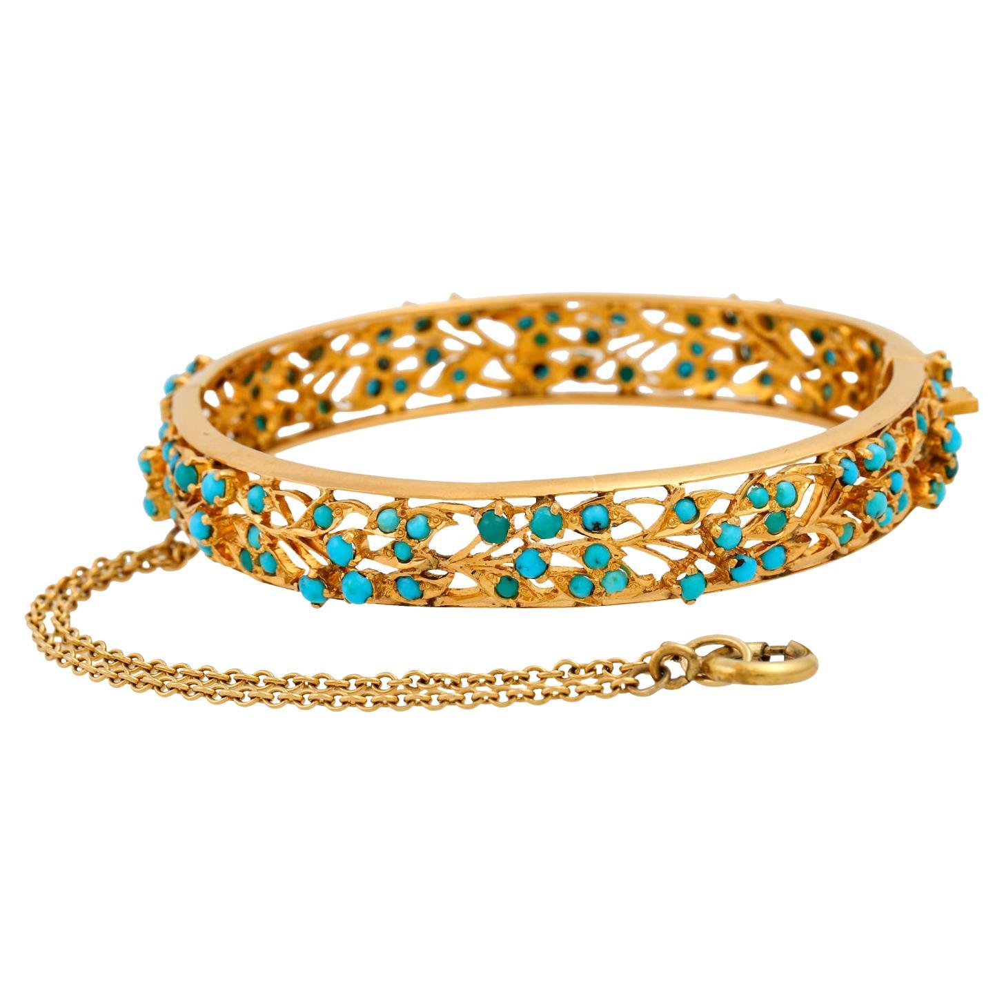 Filigree Bangle with Turquoise Cabochon For Sale