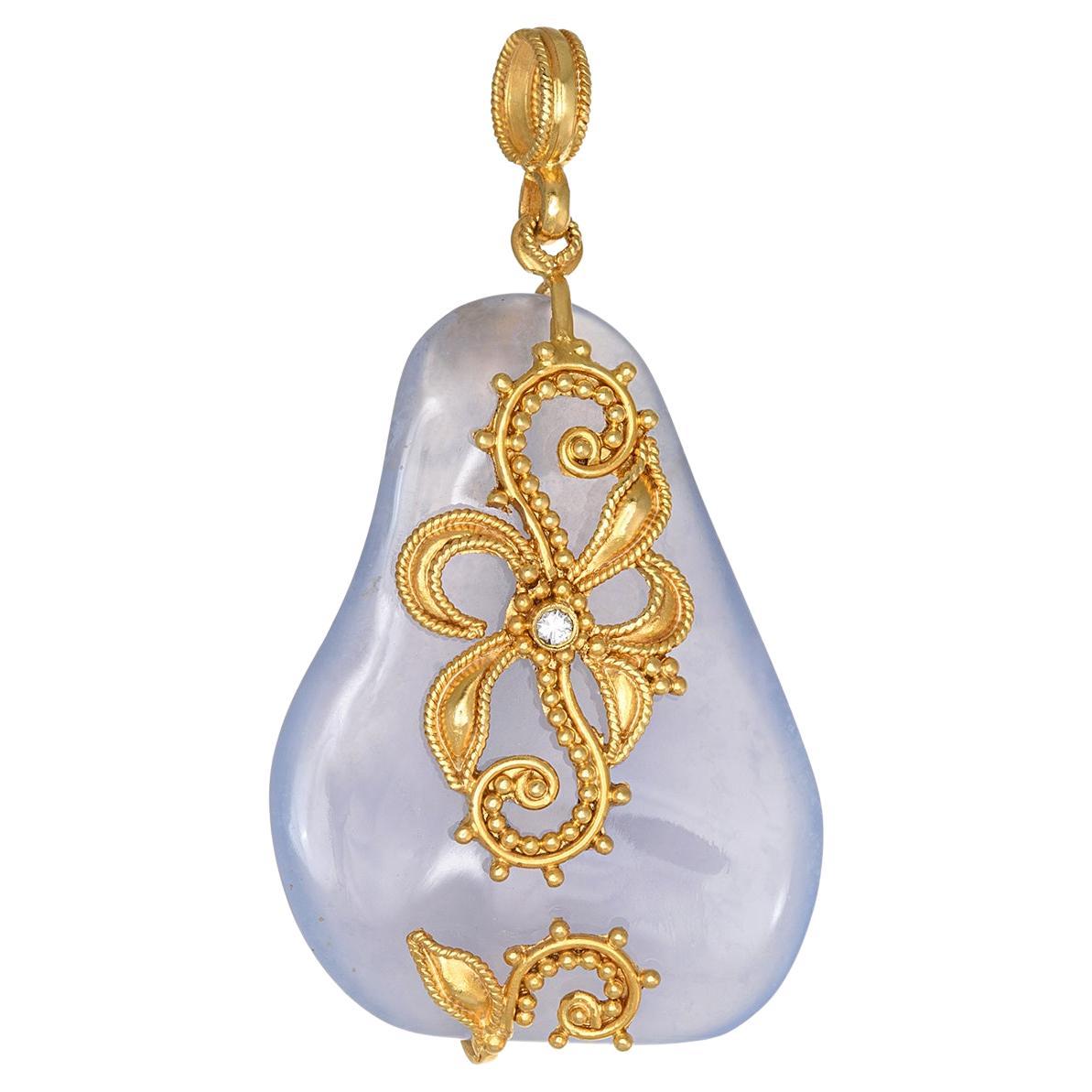 Filigree Blue Chalcedony Pendant with Gold Flowers & Diamond 22Kt Yellow Gold 