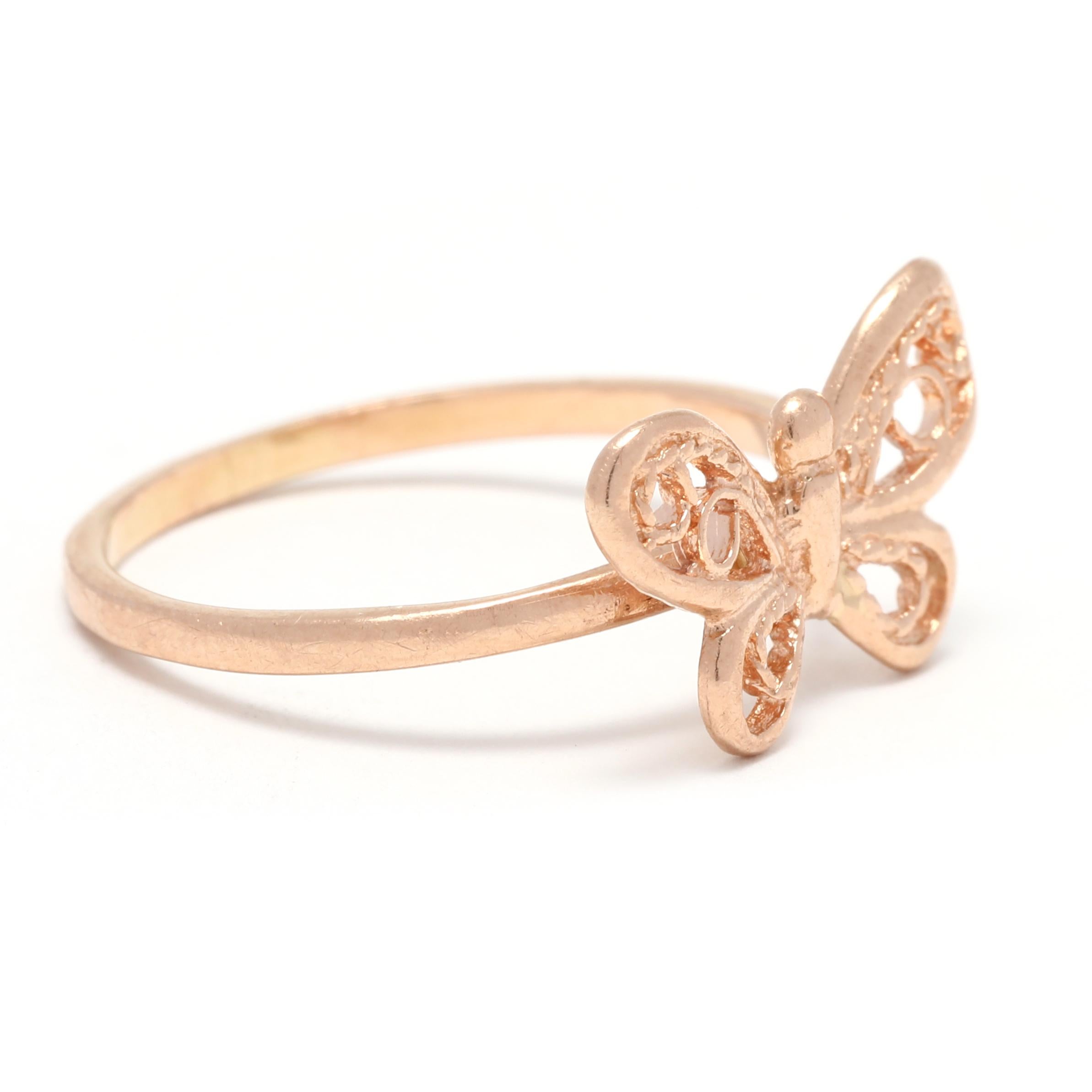 This beautiful everyday butterfly filigree ring is the perfect addition to any jewelry collection. Handcrafted from 14K Rose Gold, this one-of-a-kind ring features an intricate filigree butterfly design that is sure to add a touch of elegance and