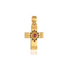 Filigree Byzantine Cross Pendant with Enamel & Ruby in 22Kt Yellow Gold