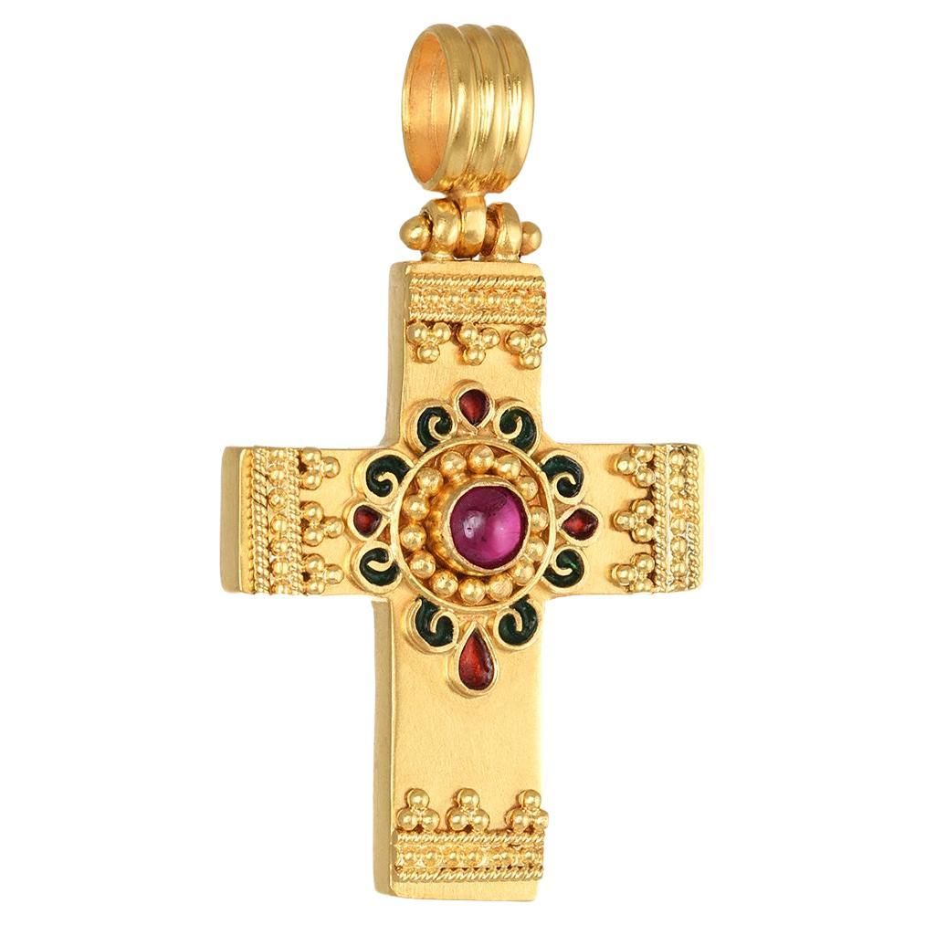 Filigree Byzantine Cross Pendant with Enamel & Ruby in 22Kt Yellow Gold