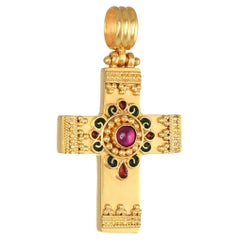 Vintage Filigree Byzantine Cross Pendant with Enamel & Ruby in 22Kt Yellow Gold