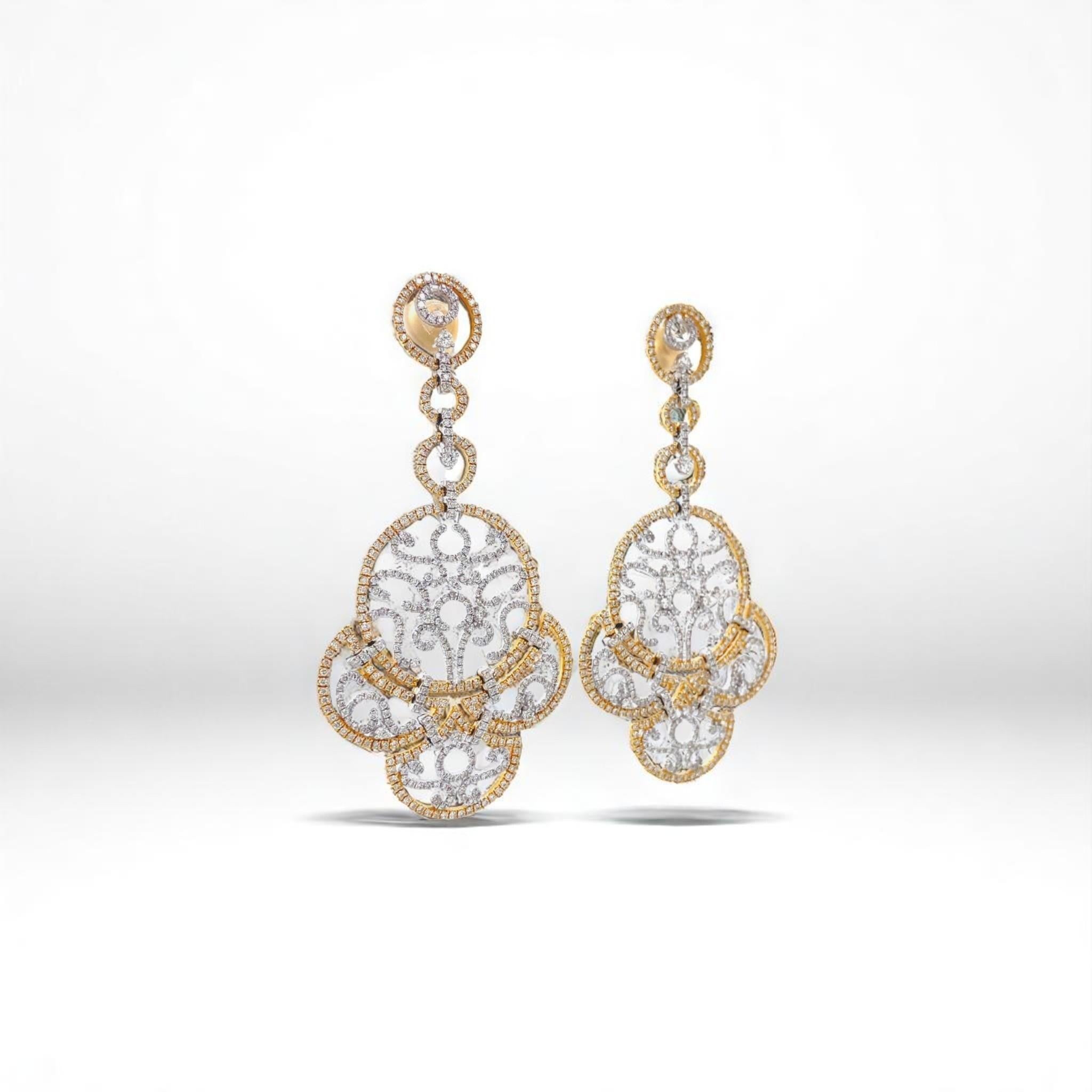 Filigree Chandelier Diamond Earrings in 14K Solid Gold (Certified) In New Condition For Sale In New Delhi, DL