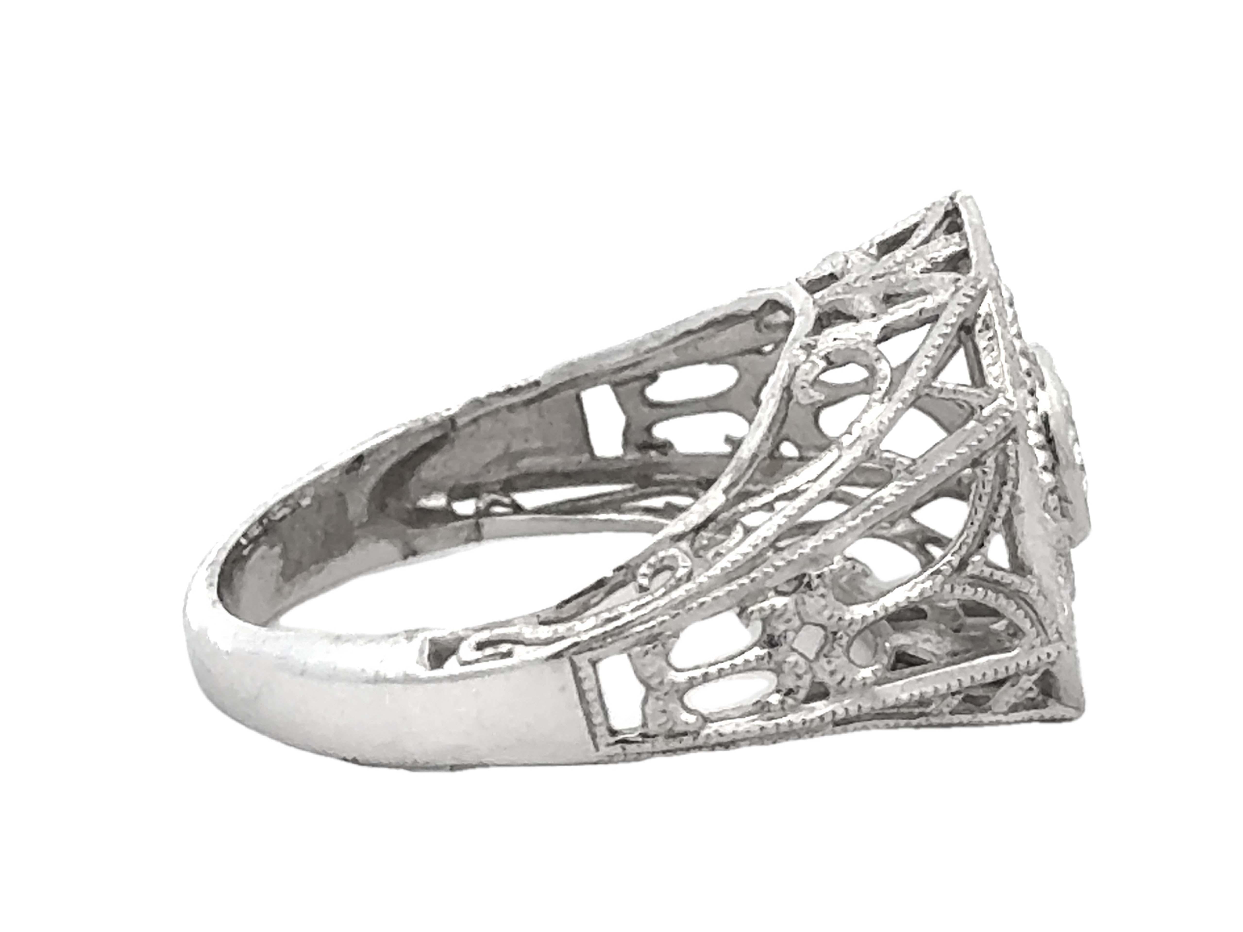 Women's or Men's Filigree Cushion Shaped Brilliant Cut Diamond Platinum Ring For Sale