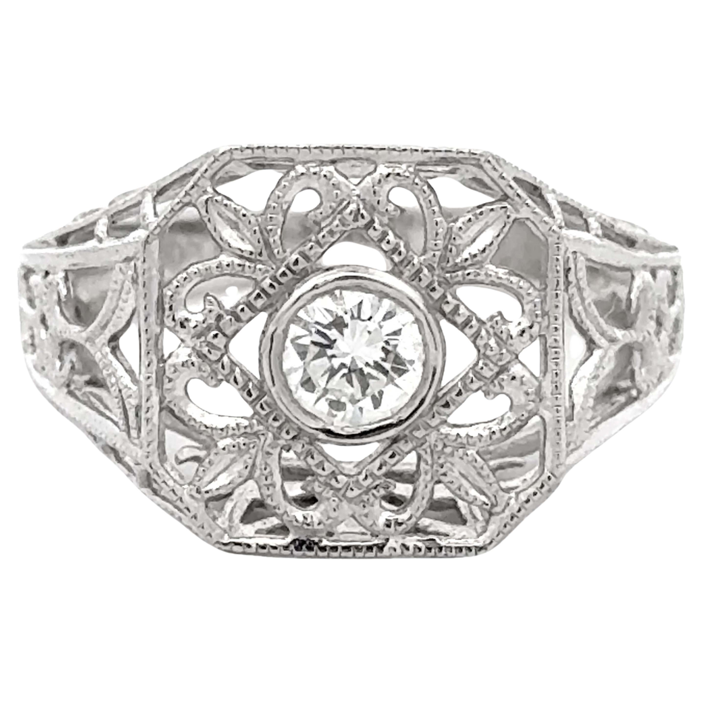 Filigree Cushion Shaped Brilliant Cut Diamond Platinum Ring For Sale