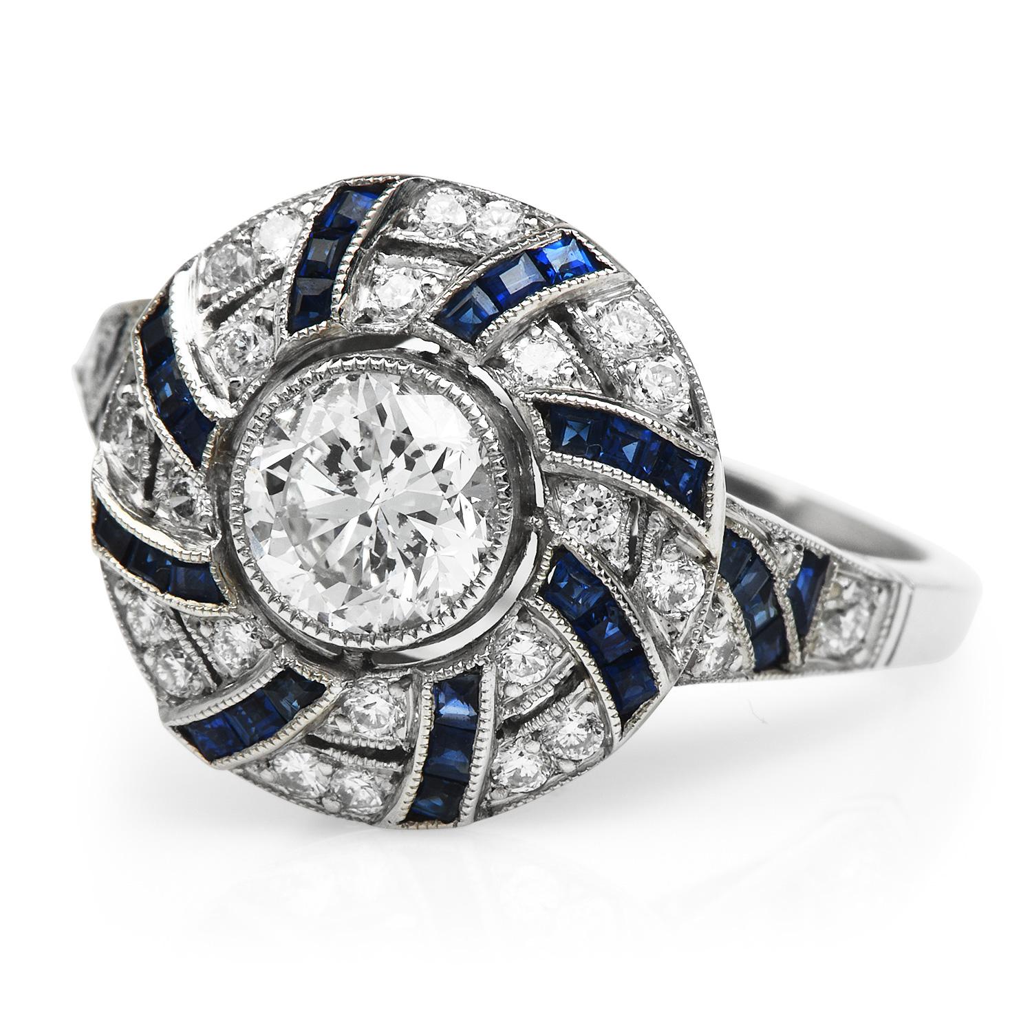 Art Deco Filigree Deco Diamond Blue Sapphire Platinum Engagement Ring