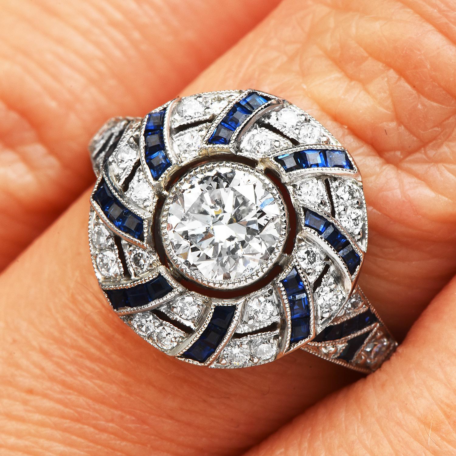 Round Cut Filigree Deco Diamond Blue Sapphire Platinum Engagement Ring