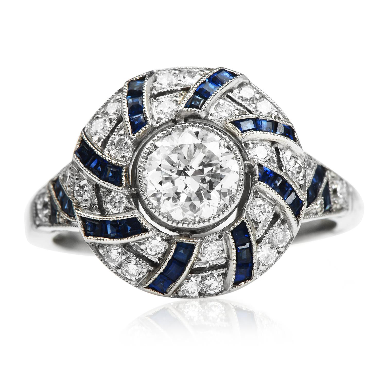 Filigree Deco Diamond Blue Sapphire Platinum Engagement Ring In Excellent Condition In Miami, FL