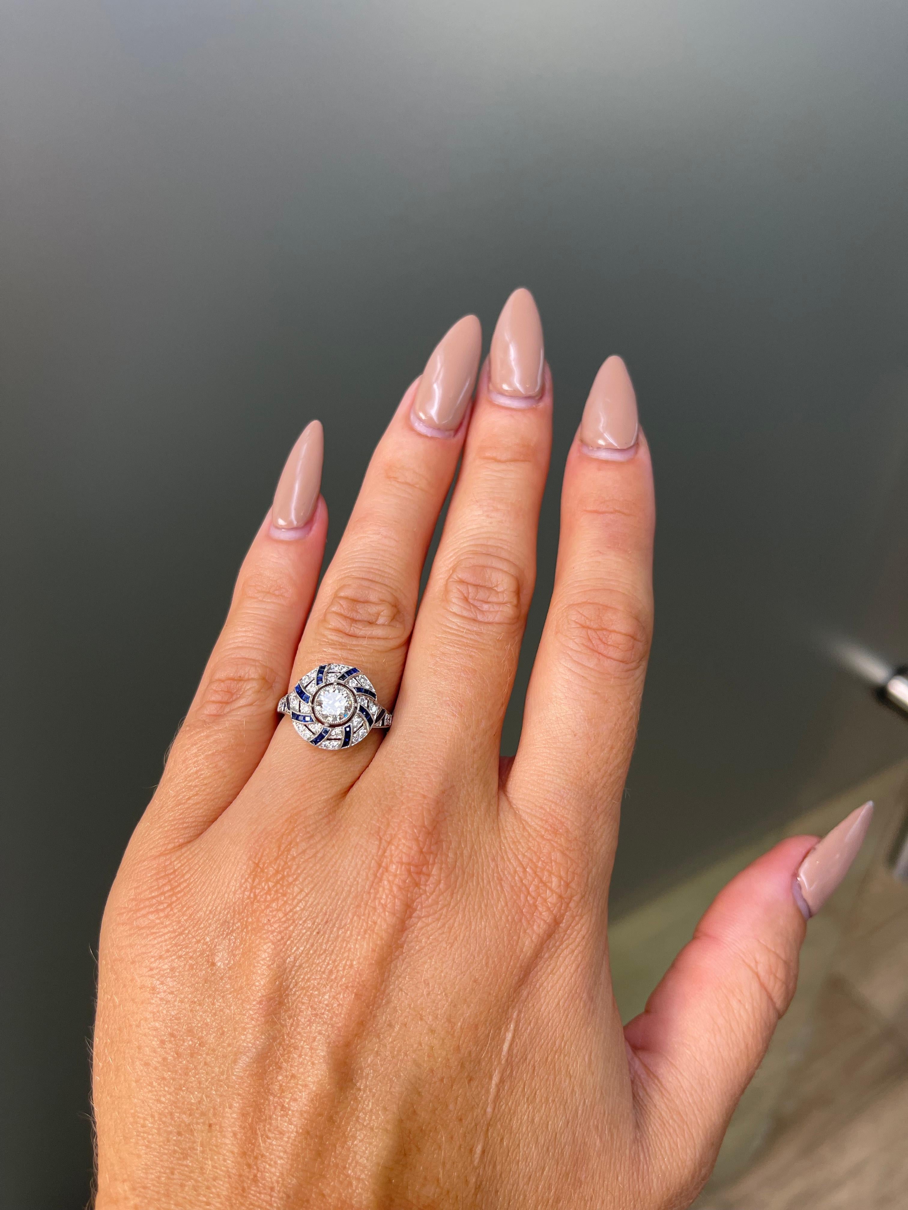 Women's Filigree Deco Diamond Blue Sapphire Platinum Engagement Ring