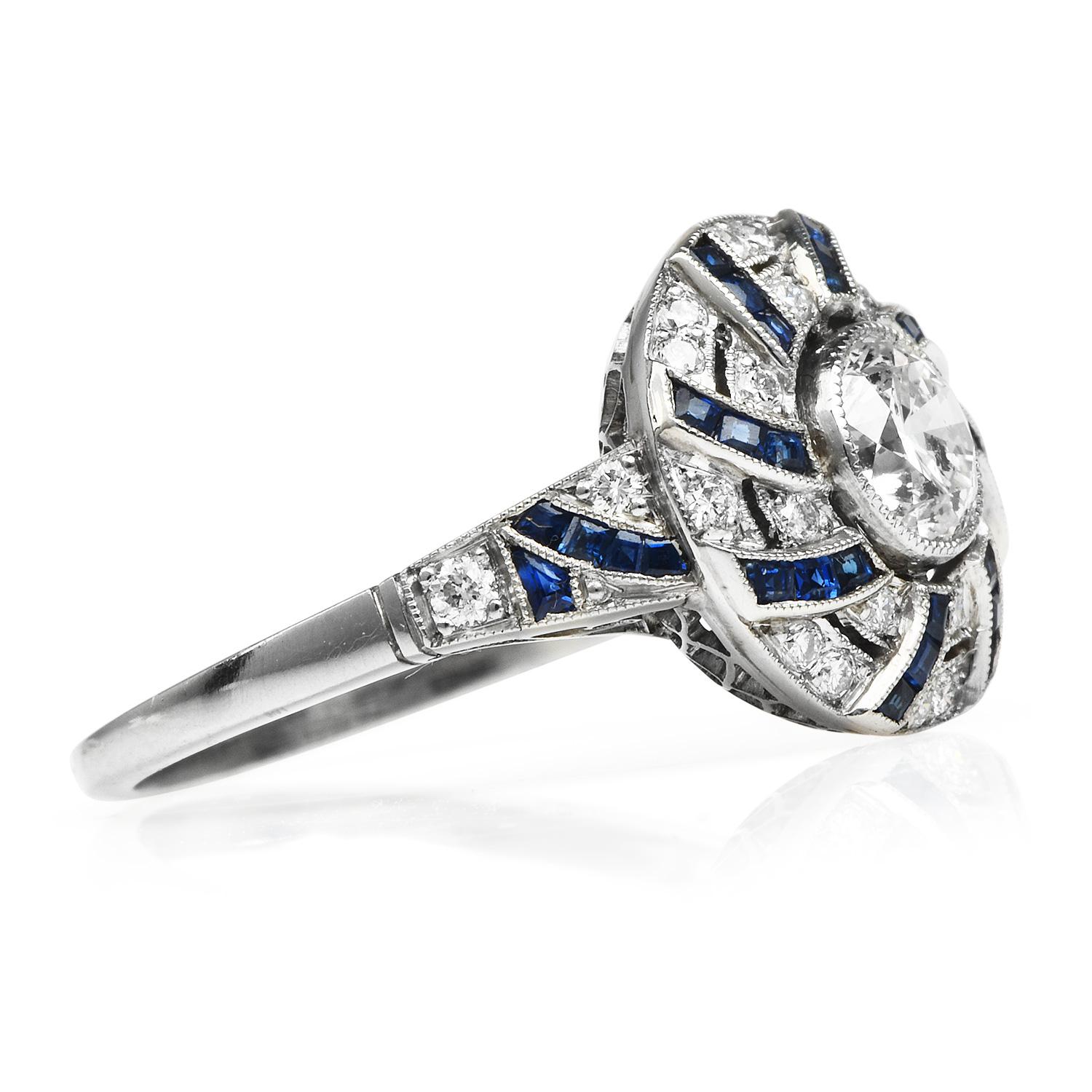 Filigree Deco Diamond Blue Sapphire Platinum Engagement Ring 1