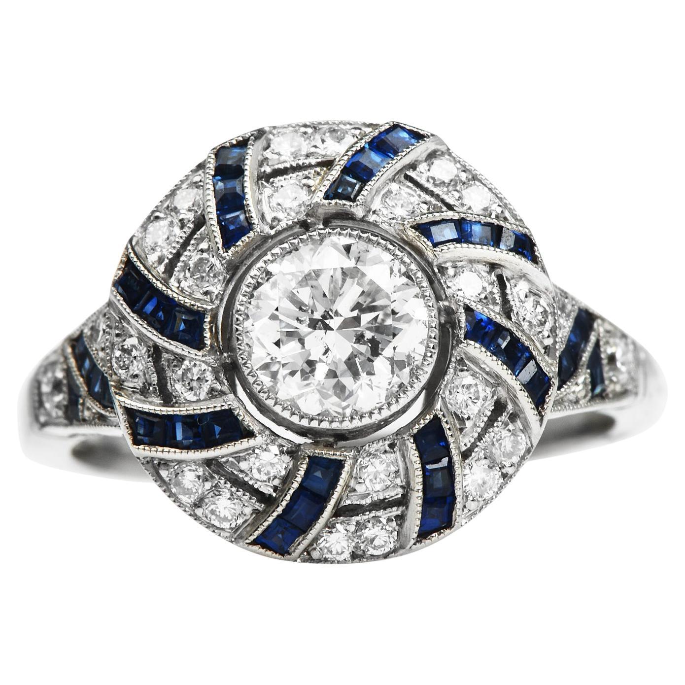 Filigree Deco Diamond Blue Sapphire Platinum Engagement Ring