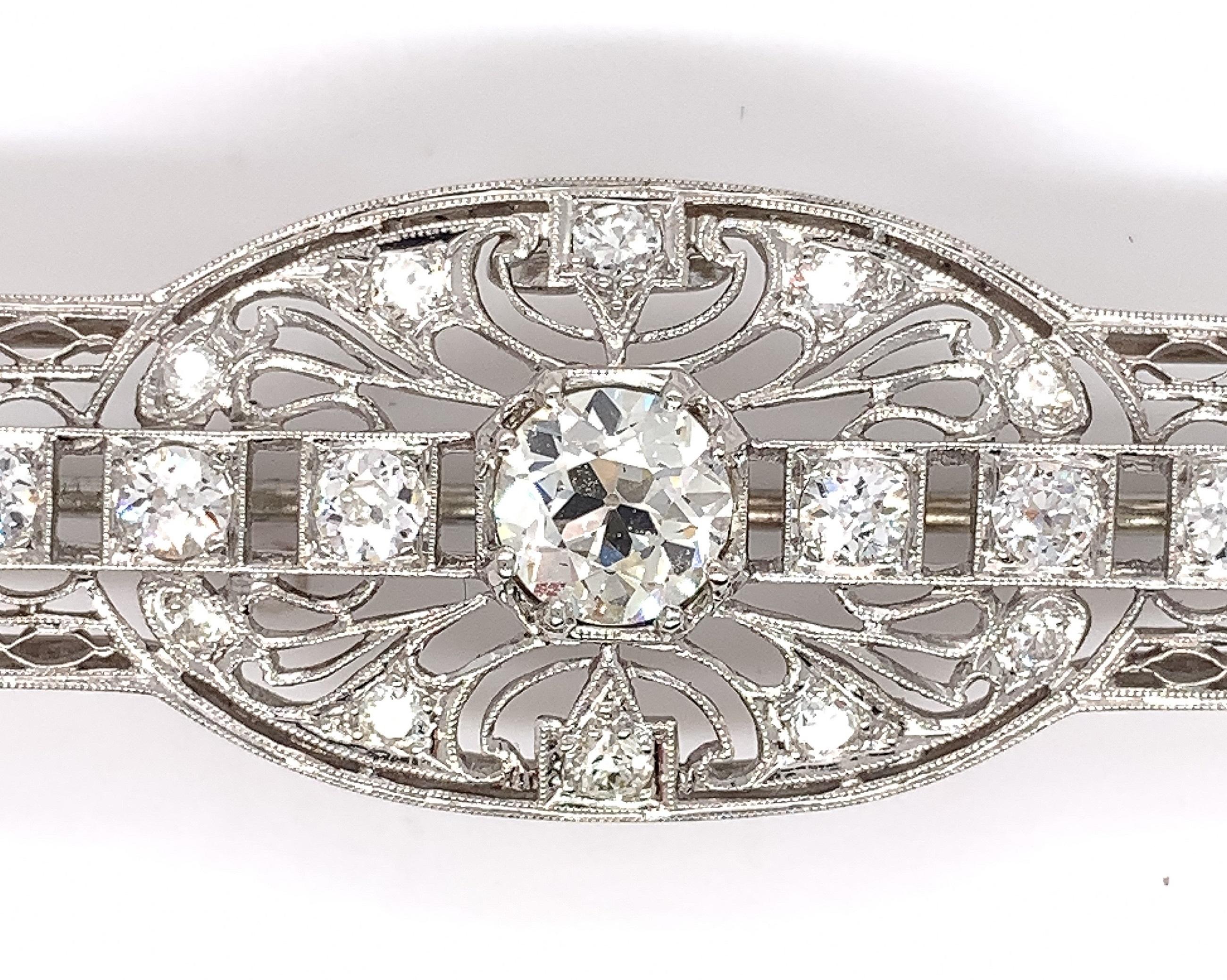 Art Deco Filigree Deco Platinum 3 Carat Tw Diamond Pin GIA For Sale