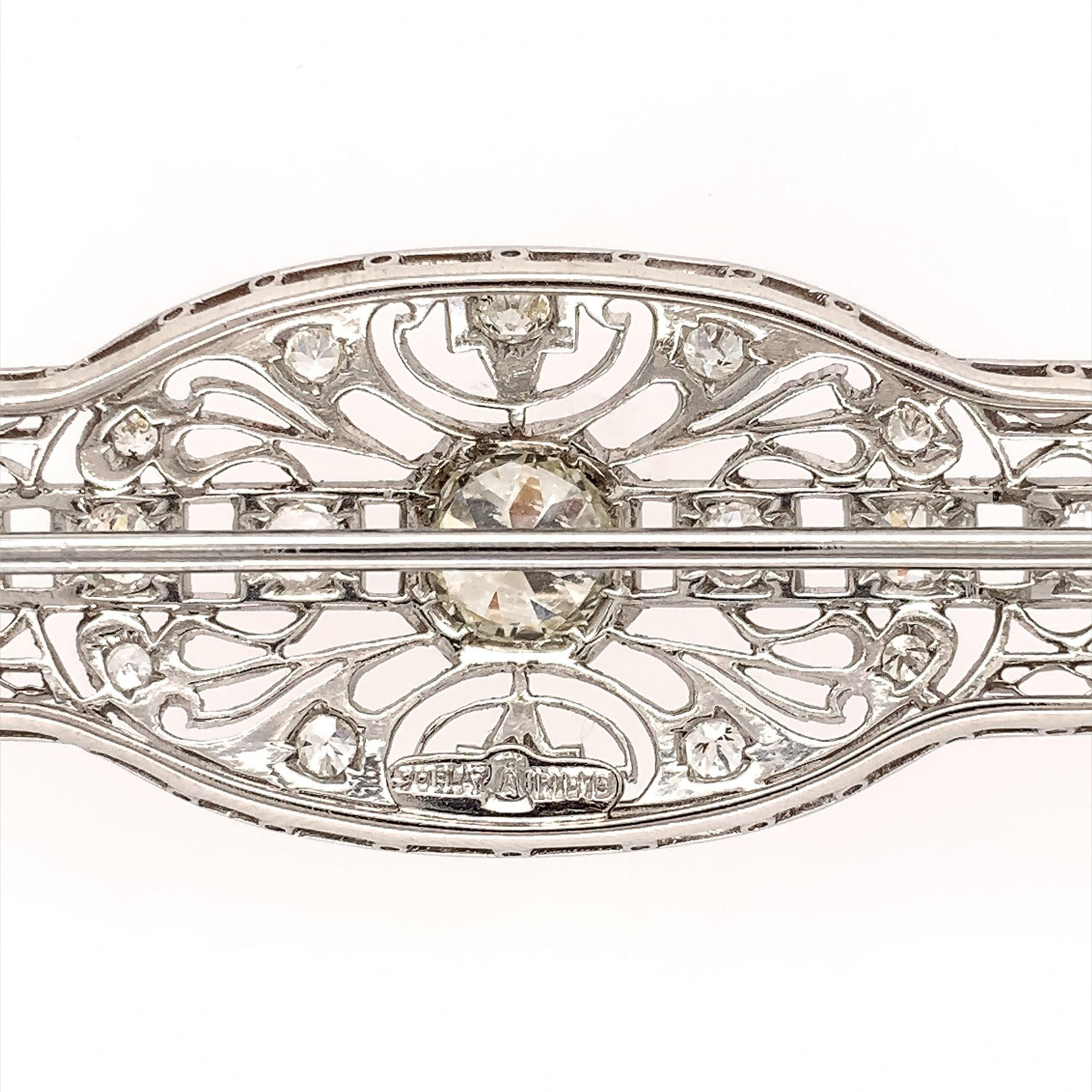 Filigree Deco Platinum 3 Carat Tw Diamond Pin GIA In Excellent Condition For Sale In Big Bend, WI