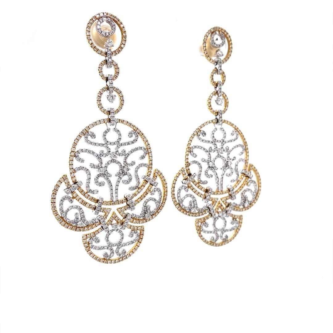 Victorian Filigree Design Diamond Dangle Earrings in 18k Solid Gold For Sale