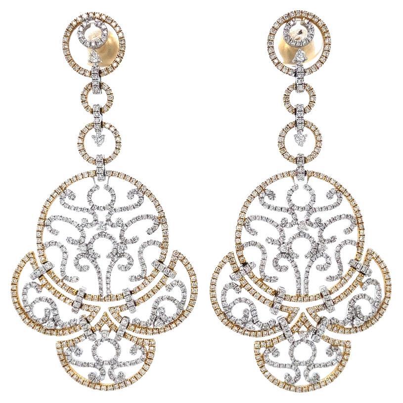 Filigree Design Diamond Dangle Earrings in 18k Solid Gold For Sale